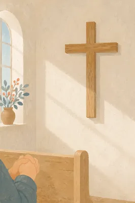 Minimal Wooden Cross in Quiet Chapel