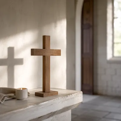 Minimal Wooden Cross on Chapel Shelf