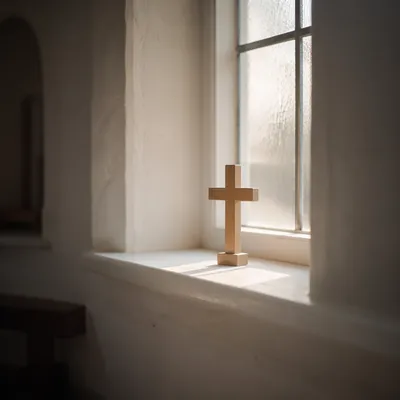 Minimal Wooden Cross on Chapel Windowsill