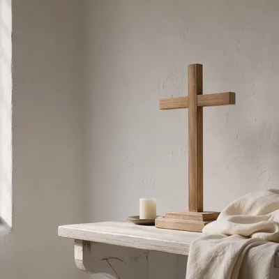 Minimal Wooden Cross on Quiet Church Shelf