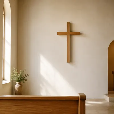 Minimal Wooden Cross on Chapel Wall