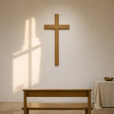 Minimal Wooden Cross on Chapel Wall