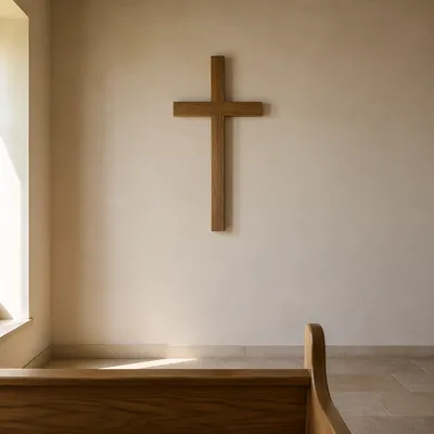 Minimal Wooden Cross in Quiet Chapel