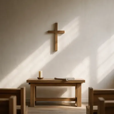 Minimalist Wooden Cross on Chapel Wall