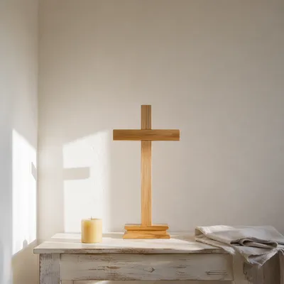Minimal Wooden Cross on Chapel Table
