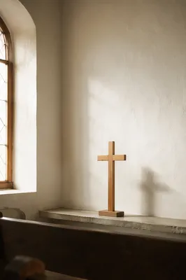 Minimal Wooden Cross on Chapel Ledge