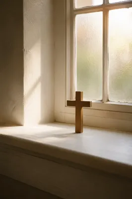 Minimal Wooden Cross on Chapel Windowsill