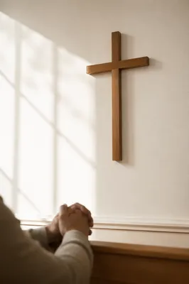 Minimal Wooden Cross in Quiet Chapel
