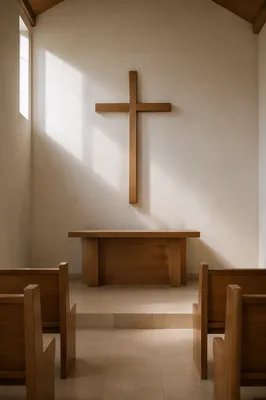 Minimal Wooden Cross in Quiet Chapel