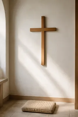 Minimalist Wooden Cross on Chapel Wall