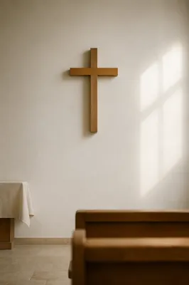 Minimal Wooden Cross on White Chapel Wall
