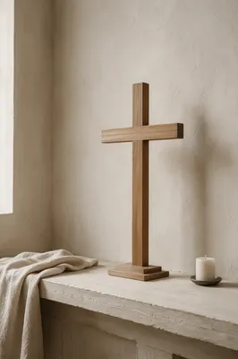 Minimal Wooden Cross on Quiet Church Shelf