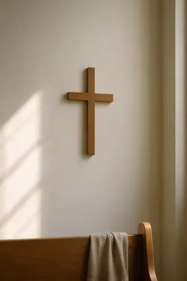 Minimal Wooden Cross on White Chapel Wall