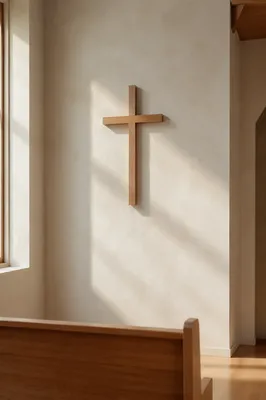 Minimalist Wooden Cross on Chapel Wall