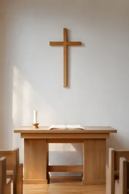 Minimal Wooden Cross in Quiet Chapel