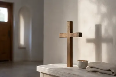 Minimalist Wooden Cross on Chapel Shelf