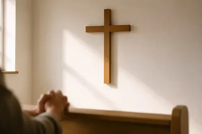 Minimal Wooden Cross in Quiet Chapel