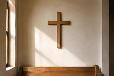 Minimal Wooden Cross on White Chapel Wall