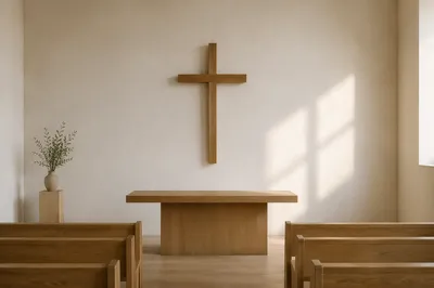 Minimalist Wooden Cross in Quiet Chapel