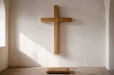Minimal Wooden Cross on Whitewashed Chapel Wall