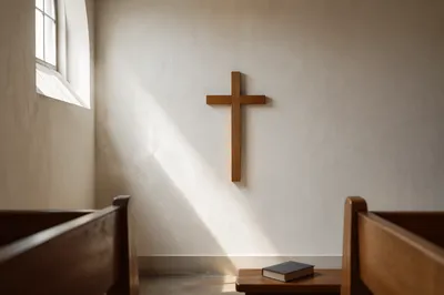 Minimal Wooden Cross in Modern Chapel