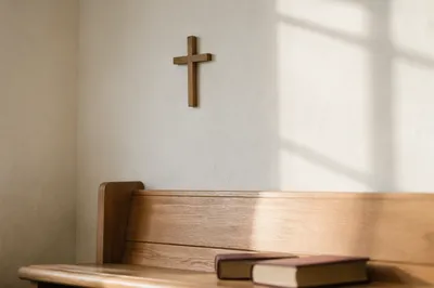 Minimalist Wooden Cross in Quiet Chapel