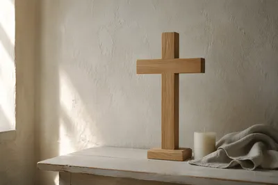 Minimalist Wooden Cross on Quiet Church Shelf