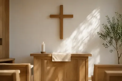 Minimalist Wooden Cross in Quiet Chapel