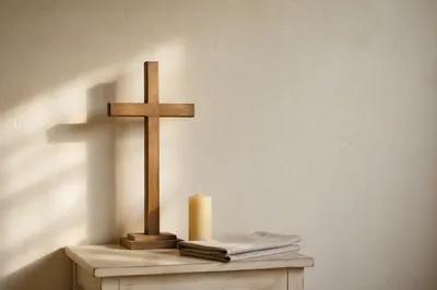 Minimal Wooden Cross on Cream Chapel Wall