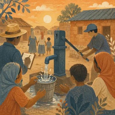 Village Well Water Mission at Sunset