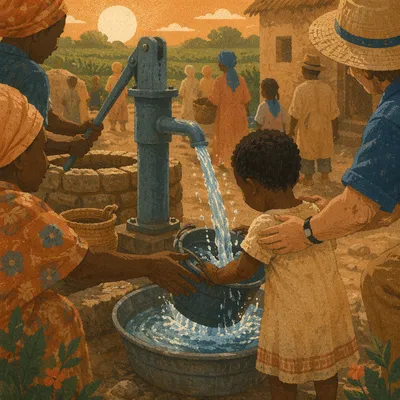 Village Well Water Project at Golden Hour