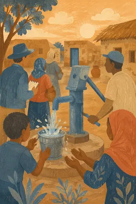 Village Well Water Project at Golden Hour