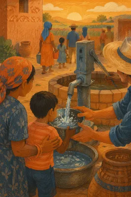 Village Well Water Mission at Golden Hour