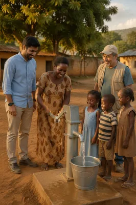 Village Community Gathering Around Water Pump