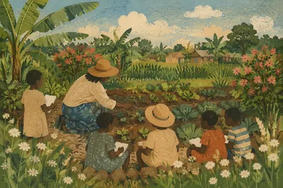 Mission Volunteer Teaching Children in African Garden