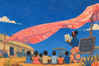 Mission Worker Teaching Children Under Pink Canopy