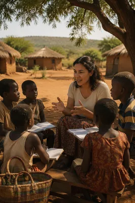 Teacher With Children Under Acacia Tree