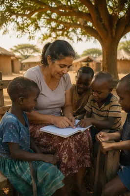 Teacher with Children Under Acacia Tree