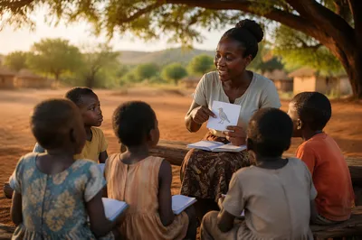 Teacher with Children Under Acacia Tree