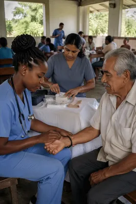 Volunteers Assisting Patients in Rural Clinic