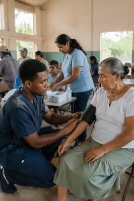 Volunteers Assisting Patients in Rural Clinic