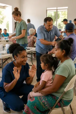 Volunteers Assisting Families at Rural Medical Clinic