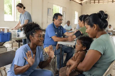 Volunteers Assisting Families at Community Medical Clinic