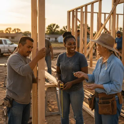 Volunteers Building House Frame at Sunset