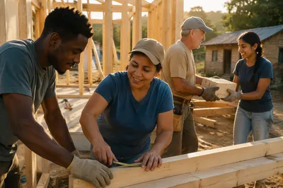 Volunteers Building House Frame at Sunrise