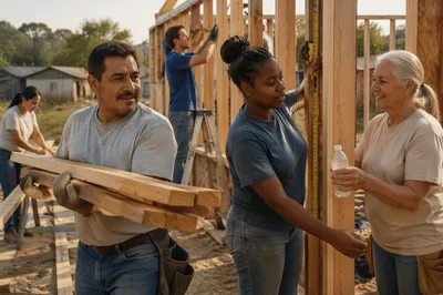 Volunteers Building Wooden House Frame Together