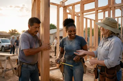Volunteers Building House Frame at Sunset