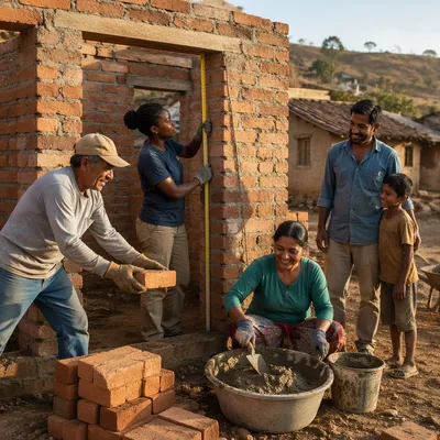Volunteers Building Brick House in Village
