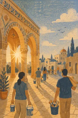 Mission Team in Sunlit Stone Courtyard