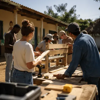 Mission Team Building a Courtyard Bench